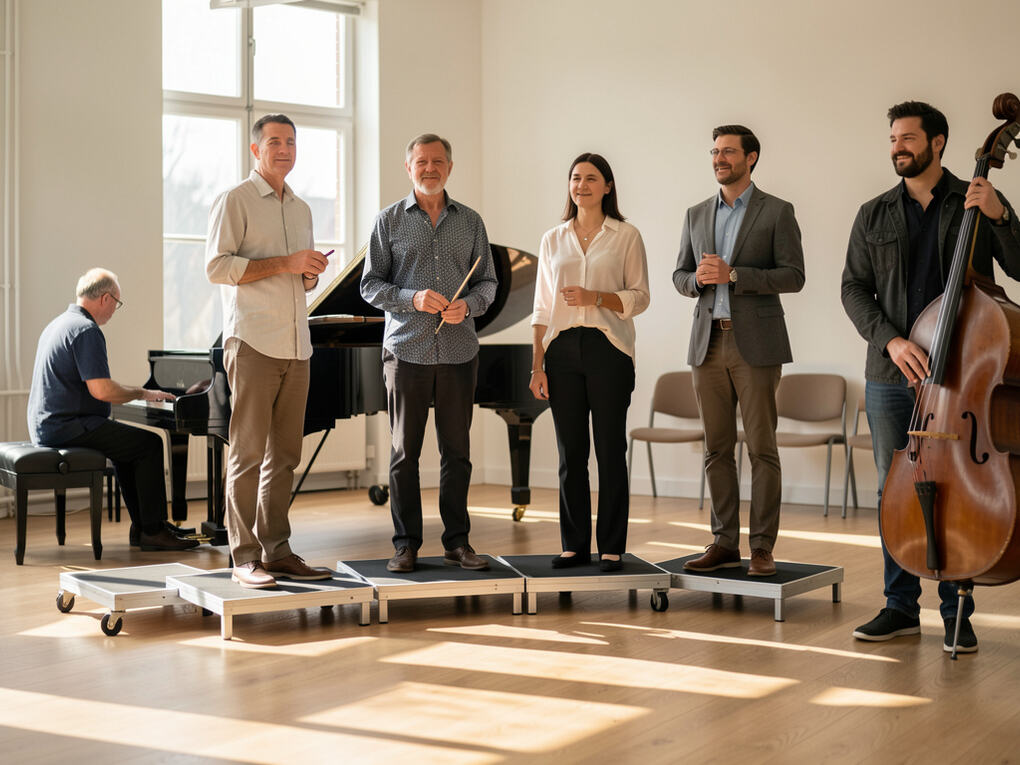 A small vocal jazz group singing around a pianist in a rehearsal studio.