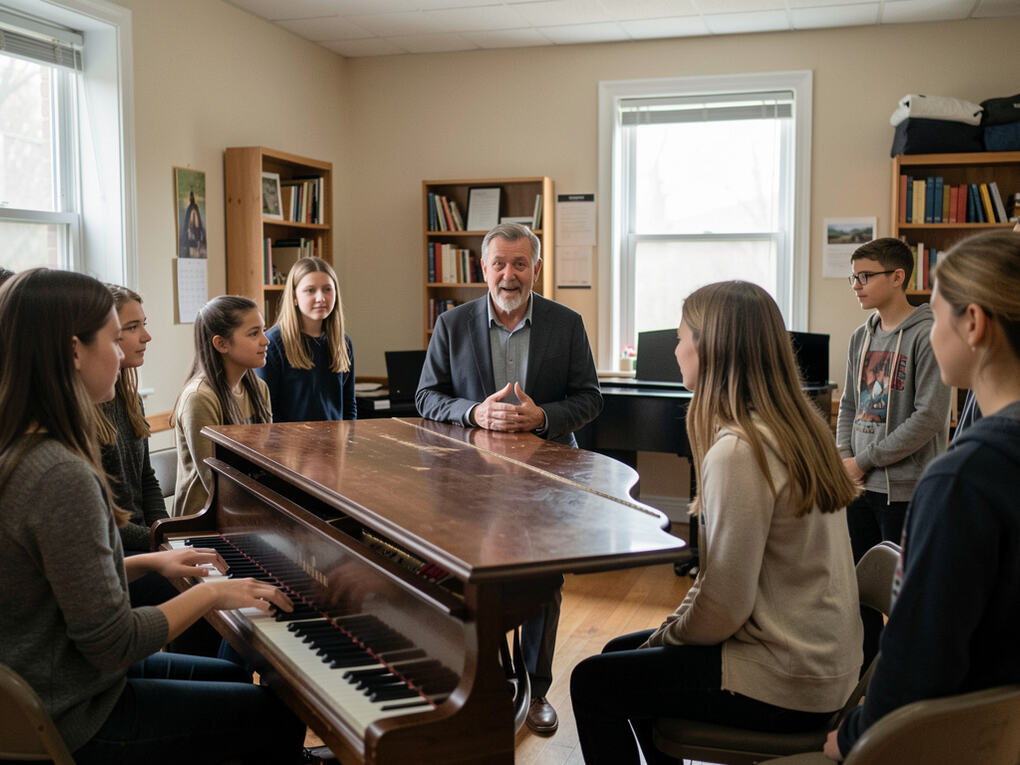 A director talking with two singers around an upright piano.