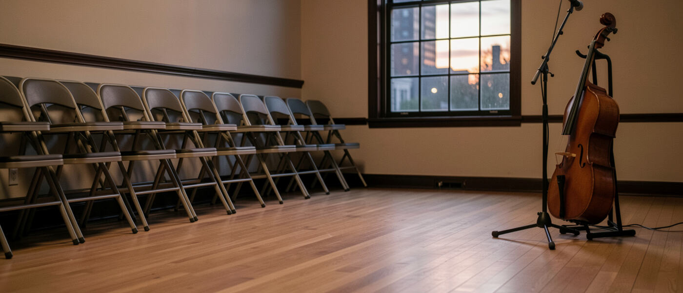 Rows of folded chairs and music stands in an empty rehearsal hall.