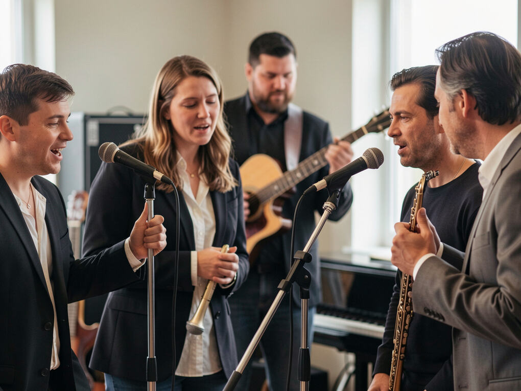 A circle of adult singers rehearsing in a community room with chairs.