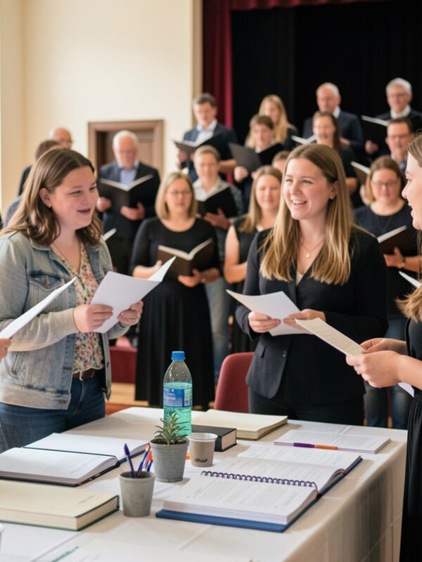 A volunteer at a welcome table handing a folder to a new singer.