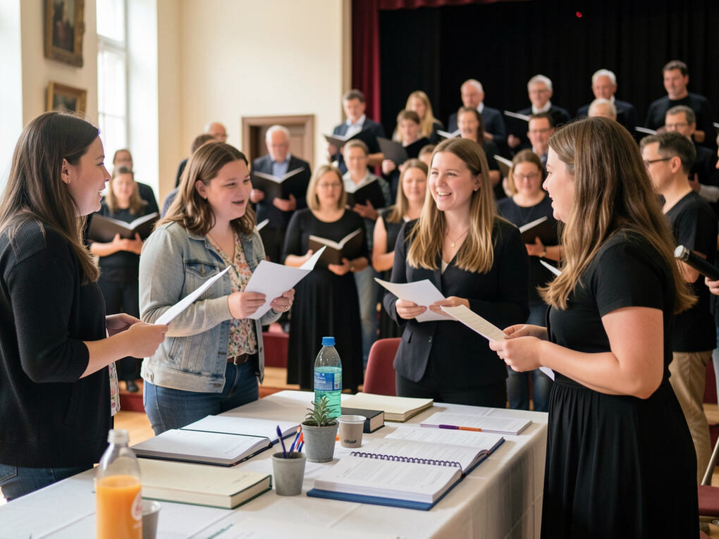 A volunteer at a welcome table handing a folder to a new singer.