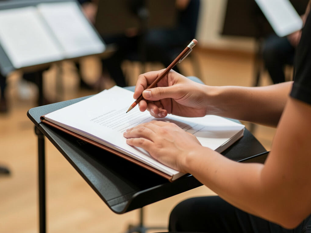 A marked-up vocal score with pencil annotations on a rehearsal stand.