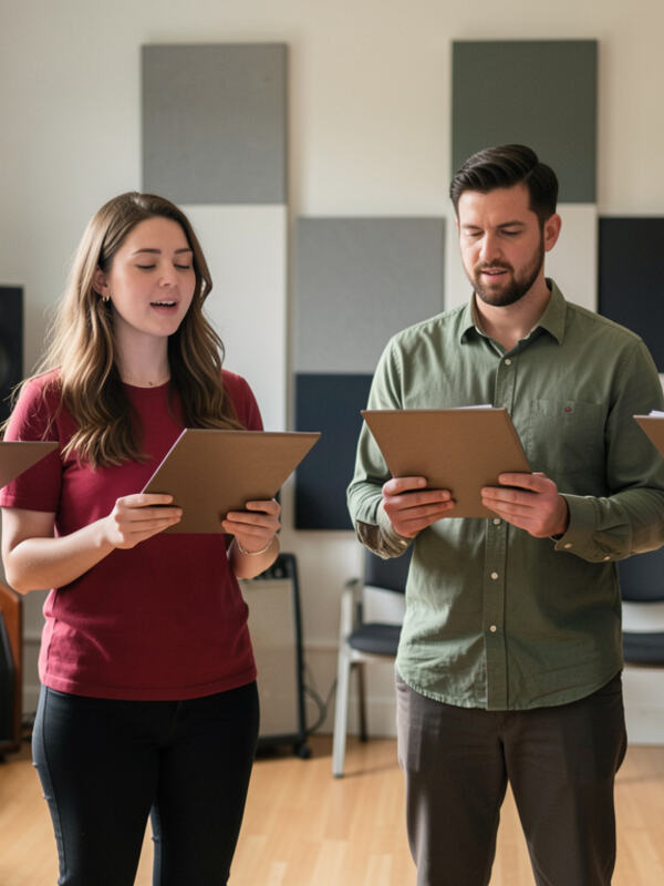 Four singers standing close together reading a shared score.