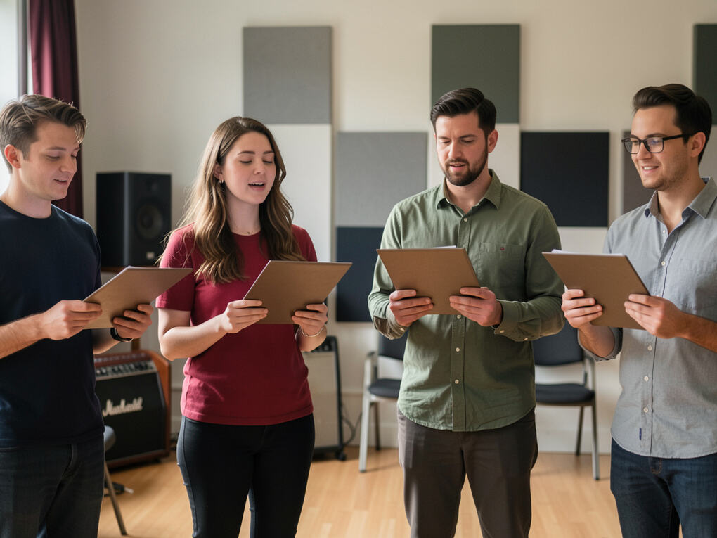 Four singers standing close together reading a shared score.