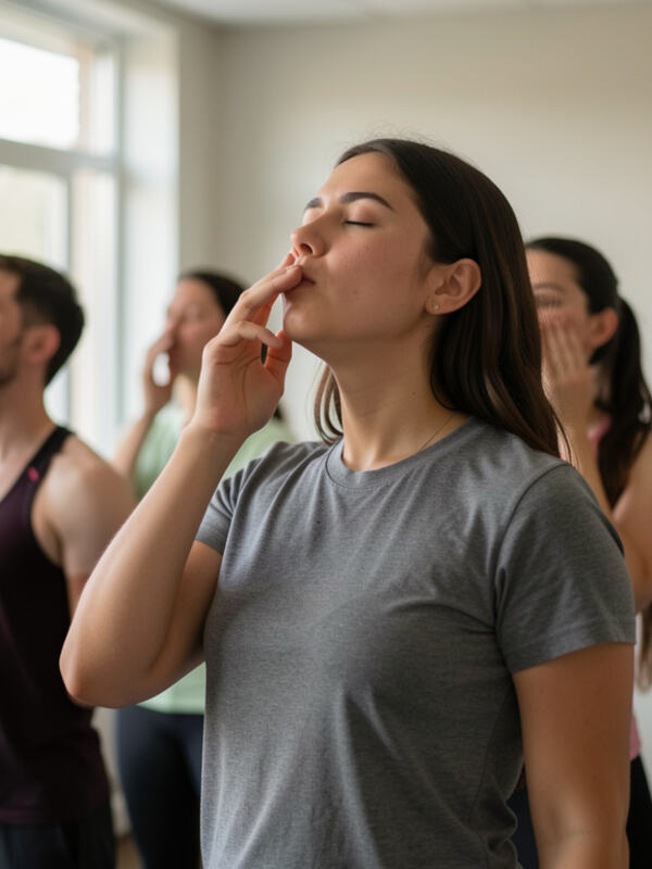 A singer stretching and humming before a rehearsal begins.